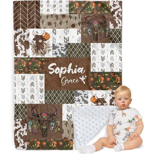 Custom Baby Blanket - Highland Cow Elements with Custom Name - Soft Plush Flannel Throw Blankets with Double Layer Dotted Backing for Kids Boys Girls Gifts Color10