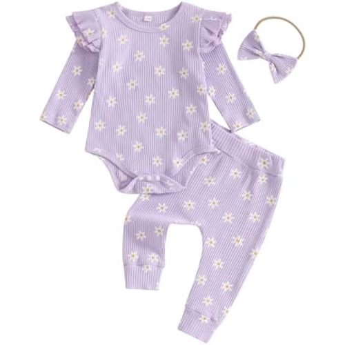 Newborn Baby Girl Outfits Flower Ribbed Ruffle Long Sleeve Romper and Pant set 3pc Infant Girl Fall Winter Clothes