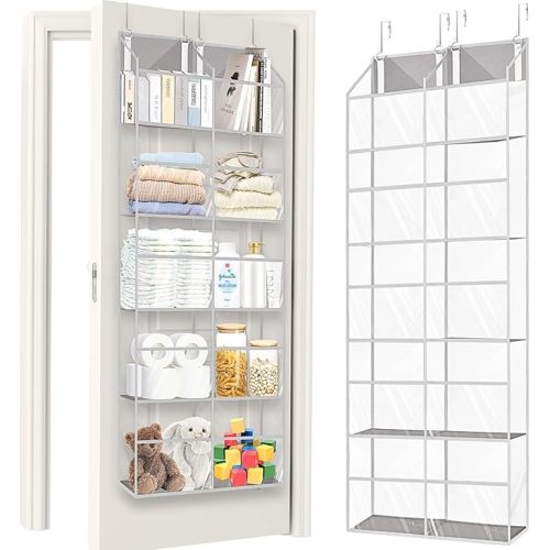 Over the Door Organizer 5 Tiers,Extra Large Behind Door Storage of 10 Compartments,50 lbs Weight Capacity Over the Door Storage, Clear Door Hanging Organizer for Closet, Diaper Organizer
