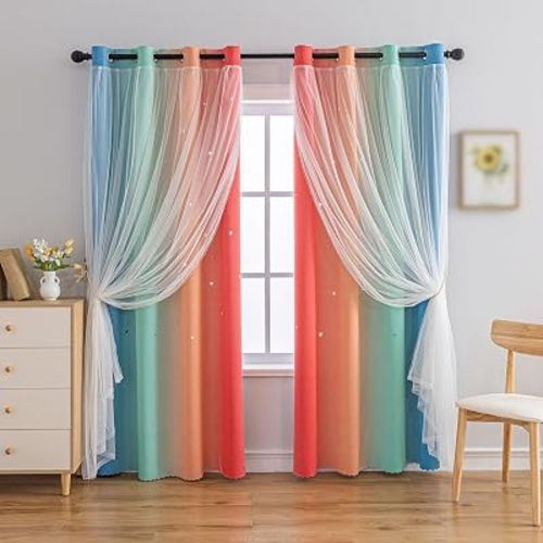 indistar Colourful Stripe Star Cut-Out Blackout Curtains for Bedroom,2 Layers Mix Design of Fabric & Tulle,Pretty Window Curtain for Kids Room 1 Panel (W52 x L72 Rainbow)