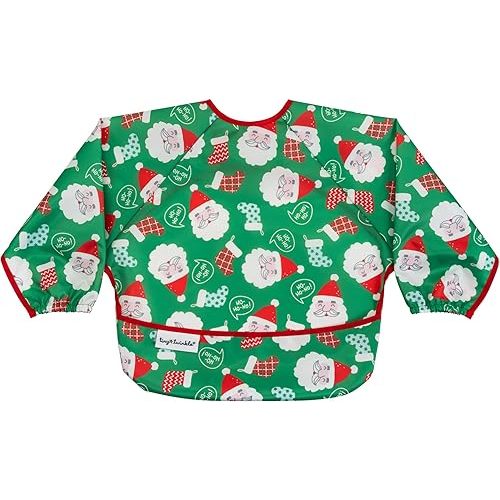 Tiny Twinkle Mess Proof Baby Bib, Cute Full Sleeve Bib Outfit, Waterproof Bibs for Toddlers, Machine Washable, Tug Proof, Baby Smock for Eating, Long Sleeved (Santa, Small 6-24 Months)