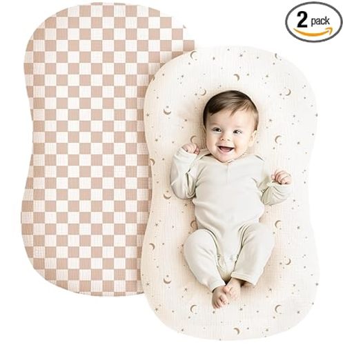 Konssy Muslin Baby Lounger Cover 2 Pack, 100% Cotton Newborn Lounger Cover, Soft and Breathable Lounger Slipcover for Boys Girls, Covers Only (Coffee Check,Moon)