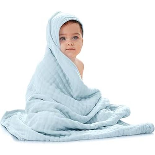 Comfy Cubs Hooded Baby Towel 1-Pack, Large 32 x 32 Inch - 6 Layer 100% Muslin Cotton for Babies, Toddlers and Kids - Soft & Absorbent Baby Bath Towels - Unisex Design for Bath Time - Sky Blue