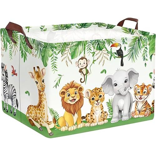 Clastyle Safari Animal Laundry Basket Leaf Kids Clothes Book Storage Basket Gift Toy Box for Bedroom Decor,Elephant Lion Giraffe,40x30x30 cm