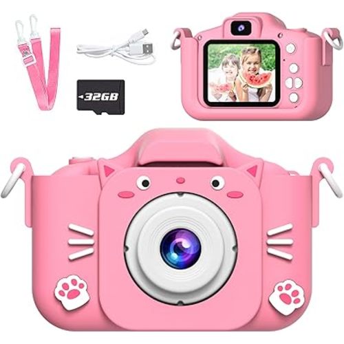 Kids Camera, Toys for Ages 3-7, Camera for Kids, Present for 3 Years+ Old Girls, Kids Camera with Cute Silicone Sleeve, 1080p Video Recording, Multi-Frame & Filter, Girl Toys, Pink
