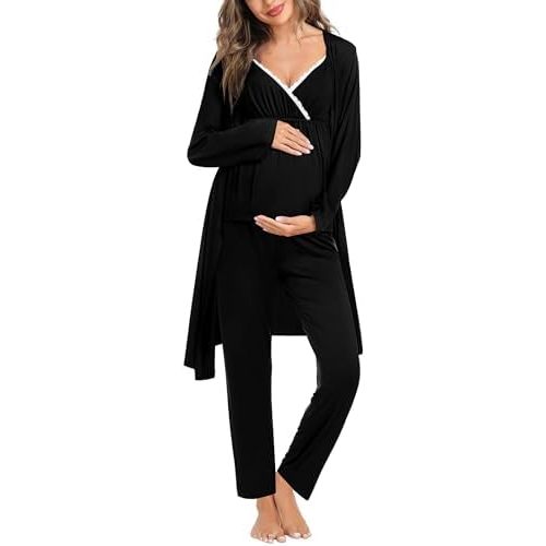 SWOMOG Maternity Nursing Robe Set 3 Piece Breastfeeding Pajamas 3 in 1 Labor Delivery Sleevless Tops&Long Pants Pregnancy Pjs