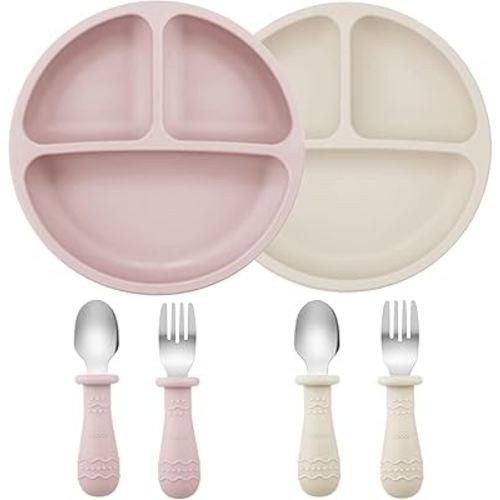 PandaEar 6 Pack Toddler Plates and Utensils Set, 2 Pack Silicone Baby Plates with Suction and 4 Stainless Steel Baby Spoons Forks, Toddler Dinnerware Set, Baby Dishes