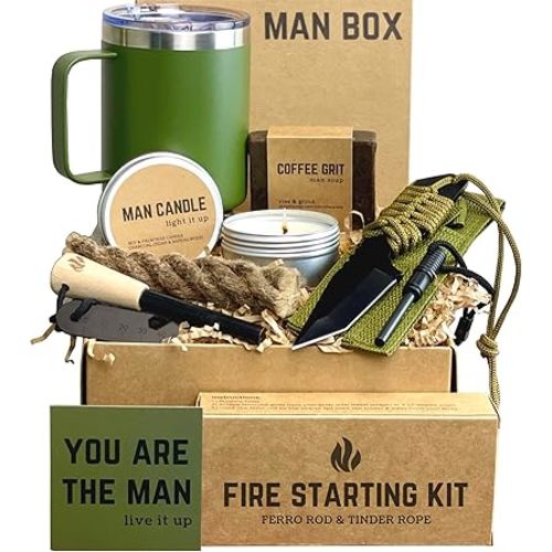 Man Box, Gift Box for Men- Birthday Gifts for Men, Mens Gift Basket, Gifts for Him- Cool Camping Gift Sets for Guys, Son, Brother, Boyfriend, Dad, Husband, Male, Friend