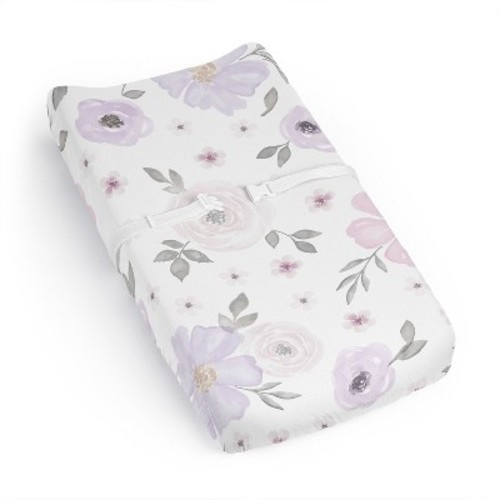 Sweet Jojo Designs Girl Changing Pad Sheet Watercolor Floral Purple Pink and Grey