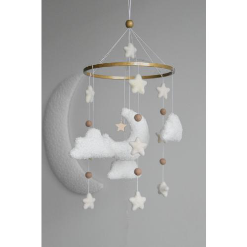 Personalized boucle clouds and moon baby nursery mobile, Neutral baby mobile, Neutral nursery mobile, Clouds mobile, Felted stars mobile