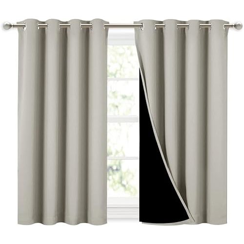 NICETOWN Natural 100% Blackout Curtains 45 inches Long, 2 Thick Layers Completely Blackout Window Treatment Thermal Insulated Lined Drapes for Small Window (1 Pair, 52 inches Width Each Panel)