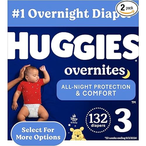 Huggies Size 3 Overnites Baby Diapers: Overnight Diapers, Size 3 (16-28 lbs), 132 Ct (2 Packs of 66), Packaging May Vary