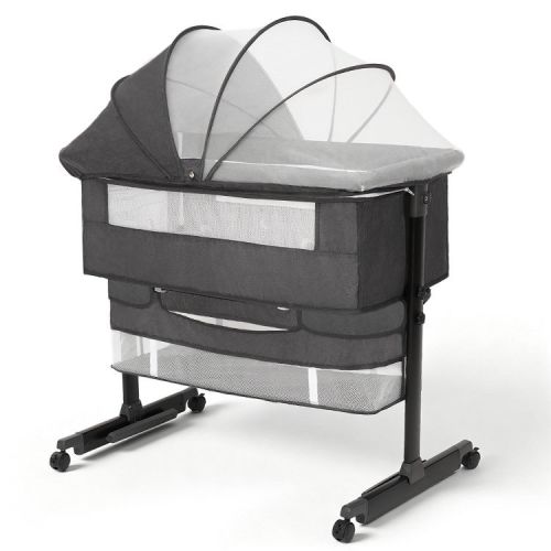 Baby Bassinet Bedside Crib with Adjustable Height, Breathable Mesh Sides, Wheels and Storage Basket,Grey