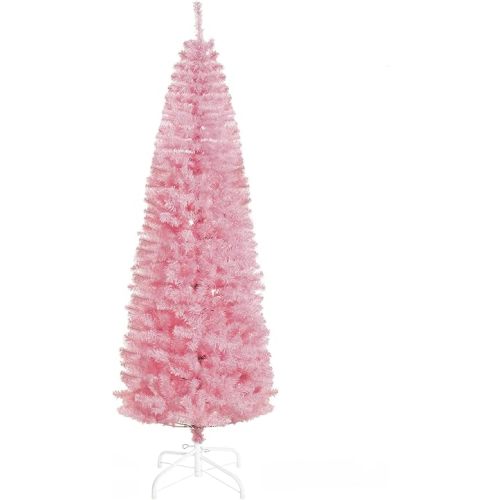 HOMCOM 7ft Douglas Fir Pencil Christmas Tree, Slim Artificial Christmas Tree with 818 Branch Tips and Metal Stand, Skinny Hinged Xmas Tree for Home Party Holiday Decoration, Pink