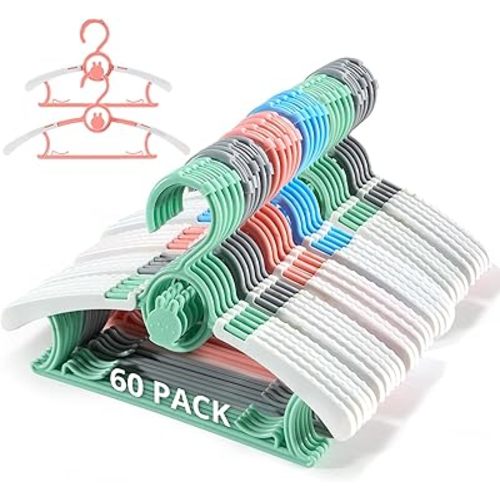 Kids Hangers 60Pack, Extendable & Stackable Baby Hangers, Mix-Colors 11~14Inch Non-Slip Plastic Toddler Hangeres for Baby Toddler Children Teen, Kids Clothes Hanger