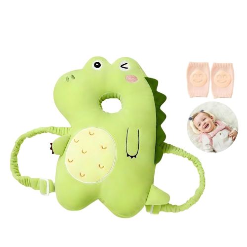 Baby Head Protector Backpack, Adjustable Baby Head Protection with Baby Knee Pads for Crawling, Safety Baby Head Protector for Learning Walking, Baby Head Protection Backpack(Happy Dinosaur)