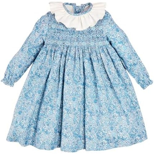 Twoflower Girls Vintage Autumn Long Sleeve Smocking Clothing Kids Toddler Hand Embroidery Floral Fully Smocked Dresses