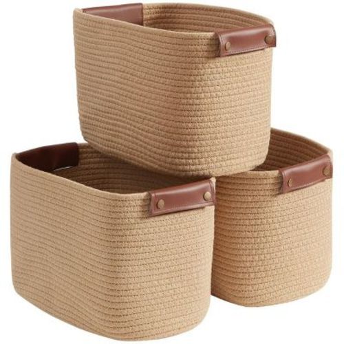 Ornavo Home 3 Pack Cotton Rope Shelf Storage Basket with Faux Leather Handles - Brown