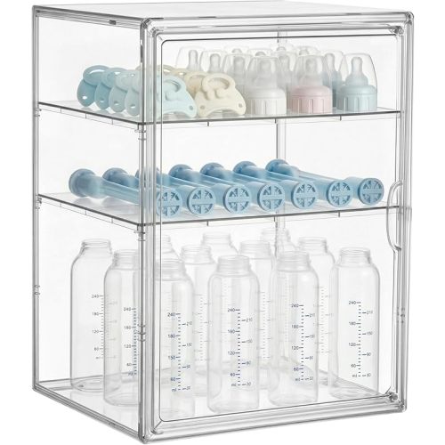 HBlife Baby Bottle Storage Organizer for Countertop Cabinet, 3 Tiers Adjustable Clear Acrylic Bottles Storage Station Case Box Container with 2 Removable Dividers and Magnetic Door, Large