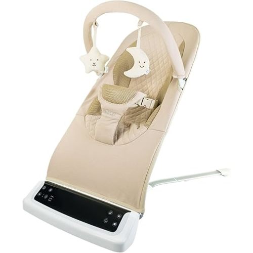 Nuby Deluxe Baby Bouncer Seat - Portable Infant Bouncer with Music, Fun Sounds, and Soothing Vibrations - Digital Display - 0-6 Months - Khaki