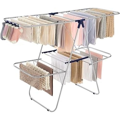 SONGMICS Clothes Drying Rack, Foldable 2-Level Laundry Drying Rack, Free-Standing Laundry Airer, with Height-Adjustable Wings, 33 Drying Rails, Sock Clips, Silver and Blue ULLR53BUV1