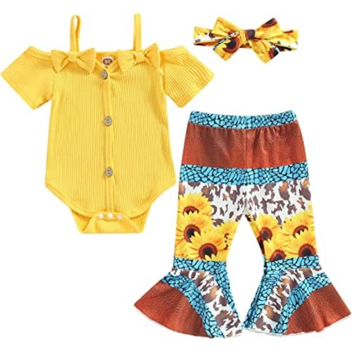Emmababy Cow Outfit Baby Girl Bell Bottoms Romper Off Shoulder Ribbed Bodysuit Ruffle Flare Pants Set Toddler Summer Clothes