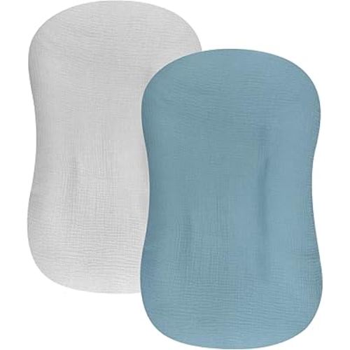 Hooyax Baby Lounger Cover 2 Pack - 100% Muslin Cotton Newborn Lounger Pillow Covers Only, Soft Breathable Infant Lounger Cover with Reinforced Stitching, Fits Most Standard Baby Loungers (Blue Grey)