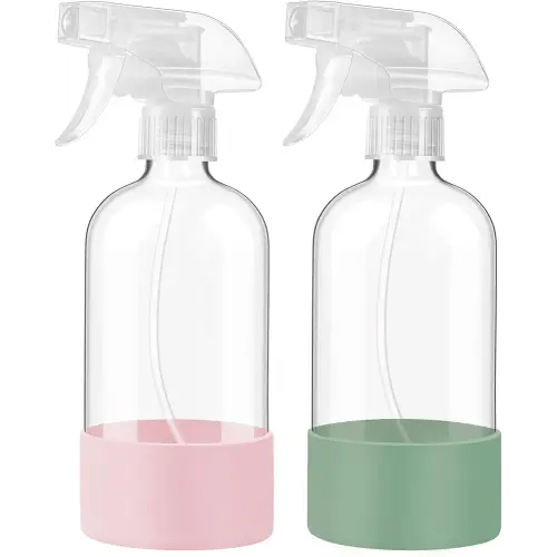 JohnBee Glass Spray Bottles with Silicone Sleeve, 2 Pack16 oz Empty Refillable Containers with Adjustable Spray Nozzles, Spray Bottles for Hair, Cleaning Solutions and Plants Olive Green&Pink