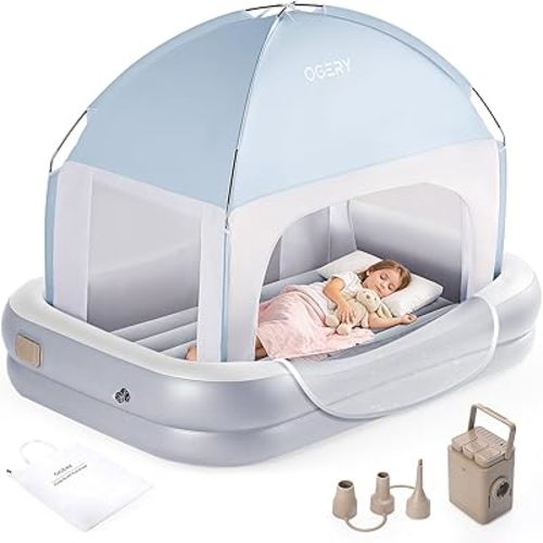 OGERY Inflatable Toddler Travel Bed with Cordless Rechargeable and Detachable Air Pump and Tent, Portable Kids Air Mattress with 4 Sides Safety Bumpers Ideal for Home, Grandma's, Camping, Traveling