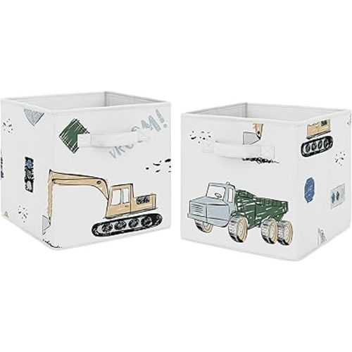 Sweet Jojo Designs Construction Truck Foldable Fabric Storage Cube Bins Boxes Organizer Toys Kids Baby Childrens - Set of 2 - Grey Yellow Black Blue and Green Transportation