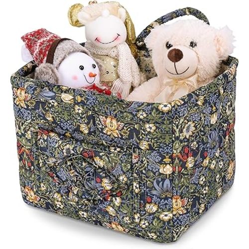 Storage Basket Boho Fabric Large Collapsible Floral Laundry Nursery Hamper Portable Folding Storage for Clothes Toys (Blue)