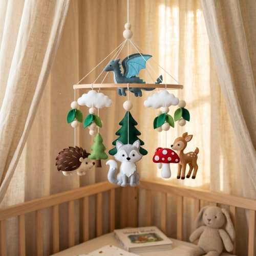 Dragon and Forest Friends Baby Mobile, Woodland Nursery Decor, Felt Fox Hedgehog Deer Crib Mobile, Baby Shower Gift, Fantasy Nature Nursery