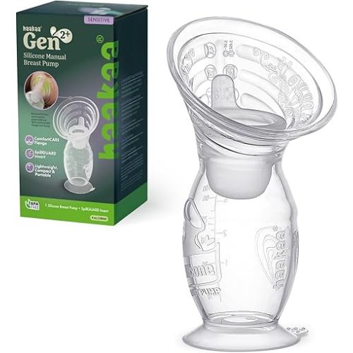 haakaa Gen.2 Plus Upgraded Manual Breast Pump, 4oz/100ml Multi-Ring ComfortCARE Sensitive Silicone Breast Pump with Spill-Guard Insert Set, Patent-Pending Design for Nursing Moms During Lactation