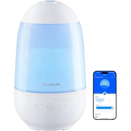 GoveeLife Smart Mini Humidifier for Baby Nursery, Top Fill Cool Mist Humidifier with Scent Diffuser & Nightlight, Built-in Sensor, Works with Alexa, Ultrasonic Humidifiers for Home, Bedroom and Plants