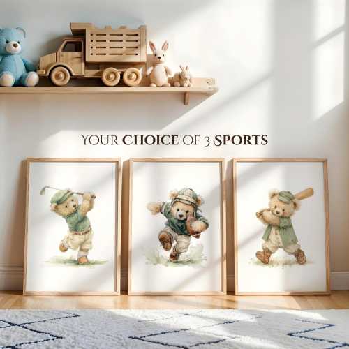 Vintage Sports Teddy Bear Prints Set of 3 – Boys Nursery Art, Choose from 12