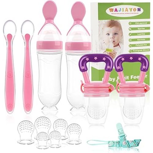 WAJIAYON Baby Fruit Feeder Pacifier - 6 Pack | 2 Baby Fruit Food Feeder Pacifier & 2 Baby Food Dispensing Spoon | Fresh Fruit Teethers for Babies | Silicone Feeder Baby,Mesh Baby Feeder (Pink)