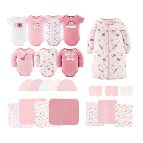 The Peanutshell Baby Layette Gift Set for Baby Girls - 23 Piece New Born Girl Gift Set, Clothes & Newborn Essentials Must Haves - Girl Clothes 0-3 Months - Soft Pink