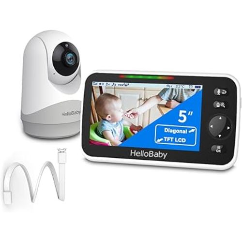 HelloBaby Monitor with Camera and Audio, 5'' Screen with 16-Hour Video Streaming, Remote Pan-Tilt-Zoom Camera, Two-Way Talk, VOX Mode, Auto-Night