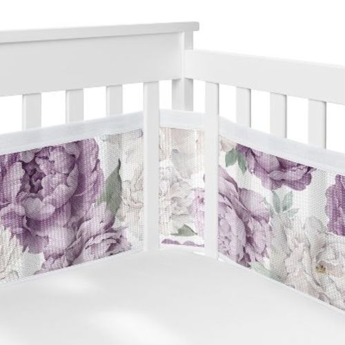 Sweet Jojo Designs + Breathablebaby Girl Breathable Mesh Crib Liner Pad Peony Floral Garden Lavender Purple And Ivory