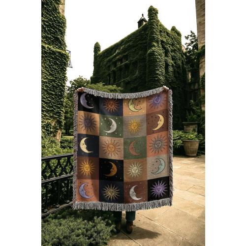 Celestial Astrology Blanket | Moon and Sun Woven Tapestry | Esoteric Dark Academia Patchwork Throw Blanket