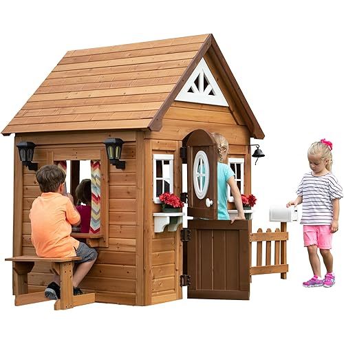 Backyard Discovery Aspen All Cedar Wooden Playhouse, Country Style, Dutch Front Door, Flower Pot Holders, Stove, Sink, Plastic Food, Doorbell, Mailbox, Outdoor Light Attached Picnic Bench