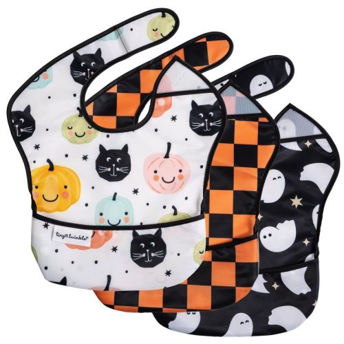 Tiny Twinkle Mess-Proof and Waterproof Baby Food Bib for Boys or Girls, Machine Washable and BPA-Free w/Adjustable Closure (3-Pack, Halloween)