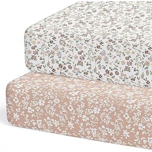 Crib Sheets Neutral - Fitted Baby Crib Sheets Bed for Girl Boy - 2 Pack Standard & Toddler Mattress - Buttery Soft Organic Cotton Blend (Fleurette)