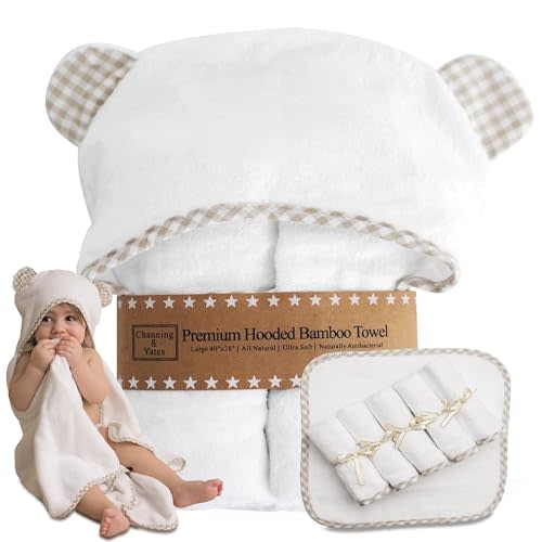 Channing & Yates Premium Boutique Hooded Baby Towels and 6 Washcloth Set - Organic Viscose Made from Bamboo Baby Towel with Hood Gift Bundle (Beige Set)