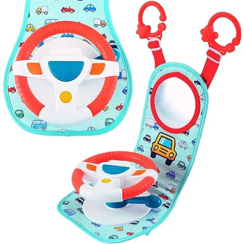 BETTERLINE Baby Car Seat Toy for Infants and Toddlers, Interactive Driving Steering Wheel with Lights, Music and Mirror, Realistic Driving Sounds - Can use for Stroller or Playpen, Adjustable Strap