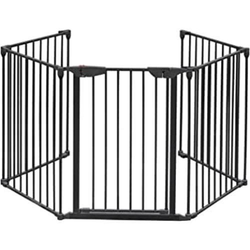 Bonnlo 120 Inches Wide Configurable Baby Gate Fireplace Safety Fence/Guard Adjustable 5-Panel Metal Play Yard for Toddler/Pet/Dog Christmas Tree Fence, includes 4 Pack of Wall Mounts, Black