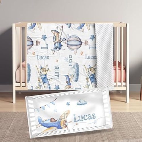 Custom Name Crib Bedding Set with Name - 2 Piece Blue Hot Air Balloon Series Baby Set with Blanket and Crib Sheet, Cozy and Durable Infant Nursery Bedding, Gifts for Toddler
