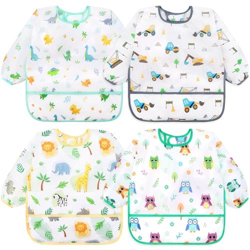 Accmor 4 Pack Long Sleeve Baby Bibs, Waterproof Sleeved Bib Smock for Baby Toddler 6-36 Months