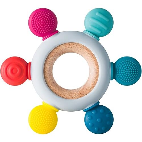 Baby Teething Toys Silicone Teethers BPA Free Silicone Rudder with Wooden Ring Soothe Babies Gums (Rainbow)