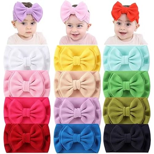Cinaci 12 Pack Stretchy Elastic Wide Nylon Headbands with Solid Knot Big Hair Bow Headwraps Large Oversized Hair Bows Accessories for Baby Girls Infants Toddlers Kids
